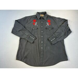 Vintage Youngbloods Western Shirt Mens L Grey Rose Embroidery Pearl Snap